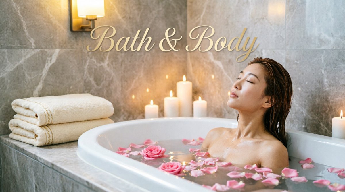 Bath and body essentials including sugar scrubs and bath salts
